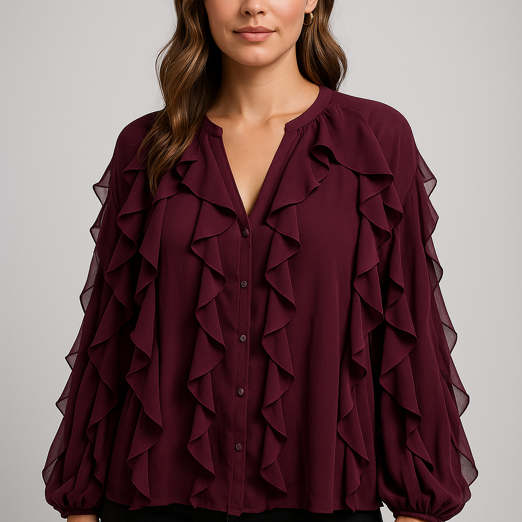 Elegant chiffonbluse med flæser og voluminøse ærmer