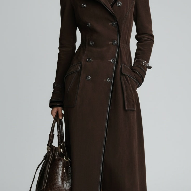 Gabardina Larga Efecto Ante con Ribetes en Contraste – Estilo Western Chic