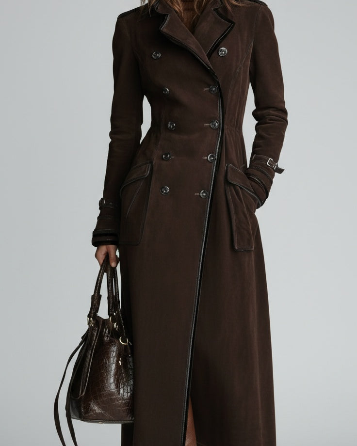 Gabardina Larga Efecto Ante con Ribetes en Contraste – Estilo Western Chic