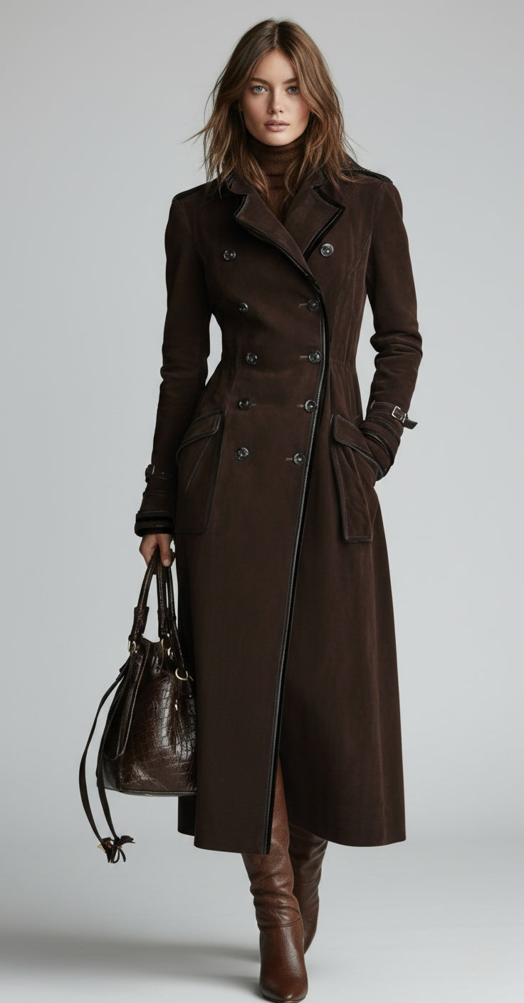 Gabardina Larga Efecto Ante con Ribetes en Contraste – Estilo Western Chic