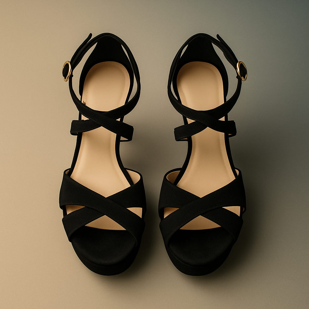 Sandalias de Fiesta con Plataforma en Antelina Negra – Tacón Stiletto y Tiras Cruzadas