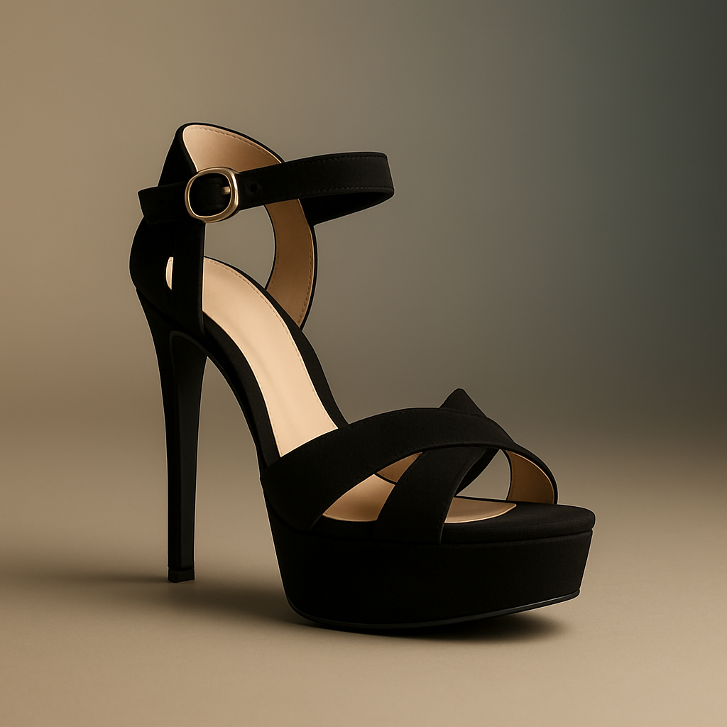 Sandalias de Fiesta con Plataforma en Antelina Negra – Tacón Stiletto y Tiras Cruzadas