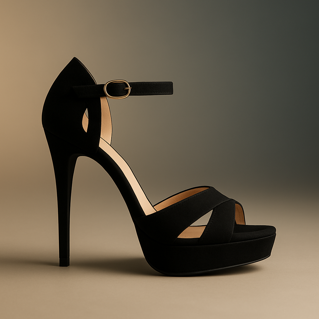 Sandalias de Fiesta con Plataforma en Antelina Negra – Tacón Stiletto y Tiras Cruzadas