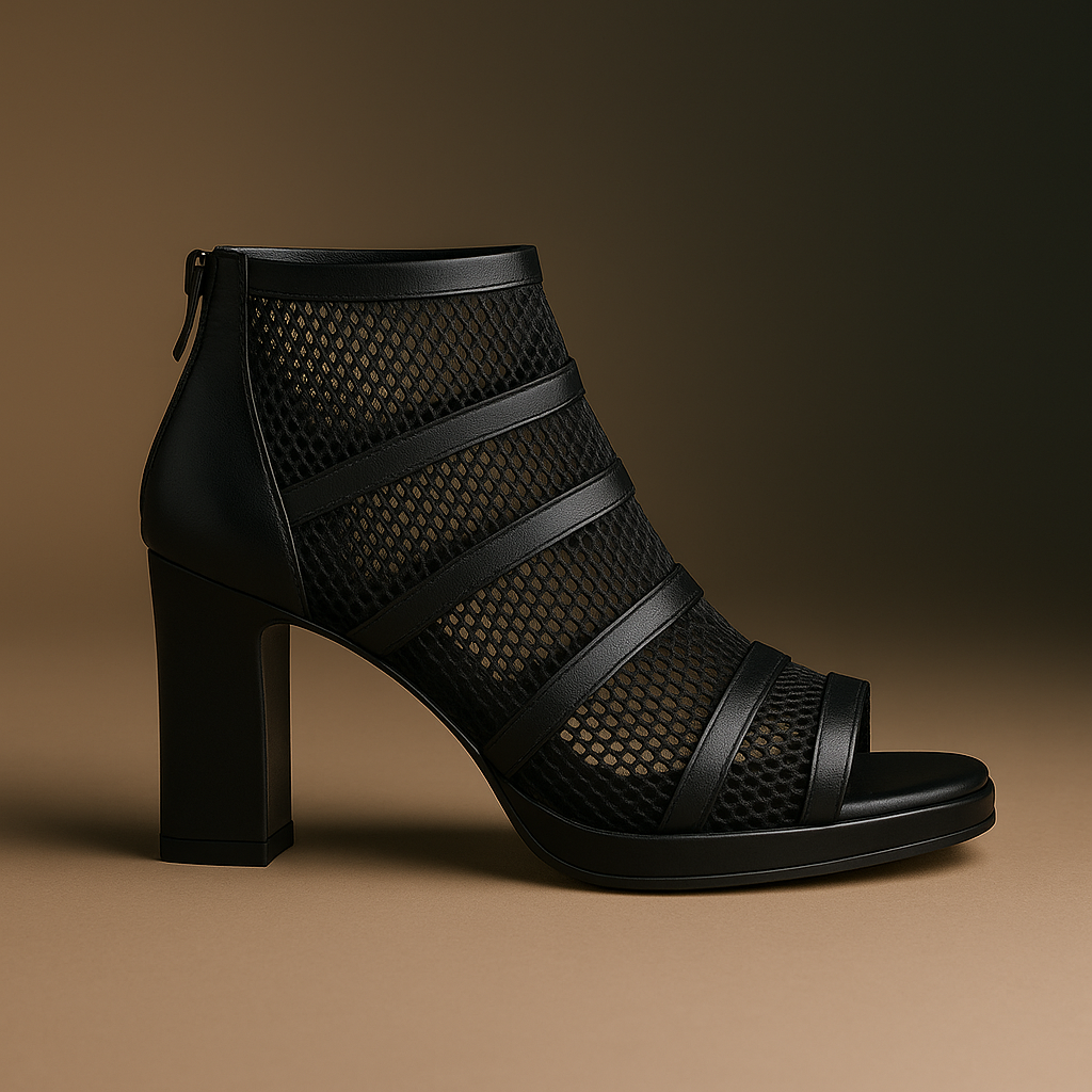 Sandalias Abotinadas Negras de Rejilla y Piel – Tacón Ancho y Punta Abierta