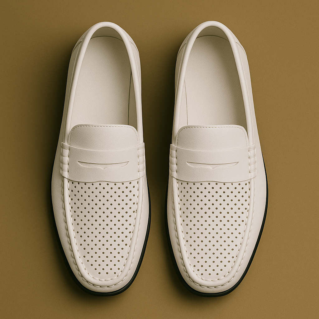 Mocasines 'Penny' de Piel Blanca Perforada – Estilo Conductor Transpirable