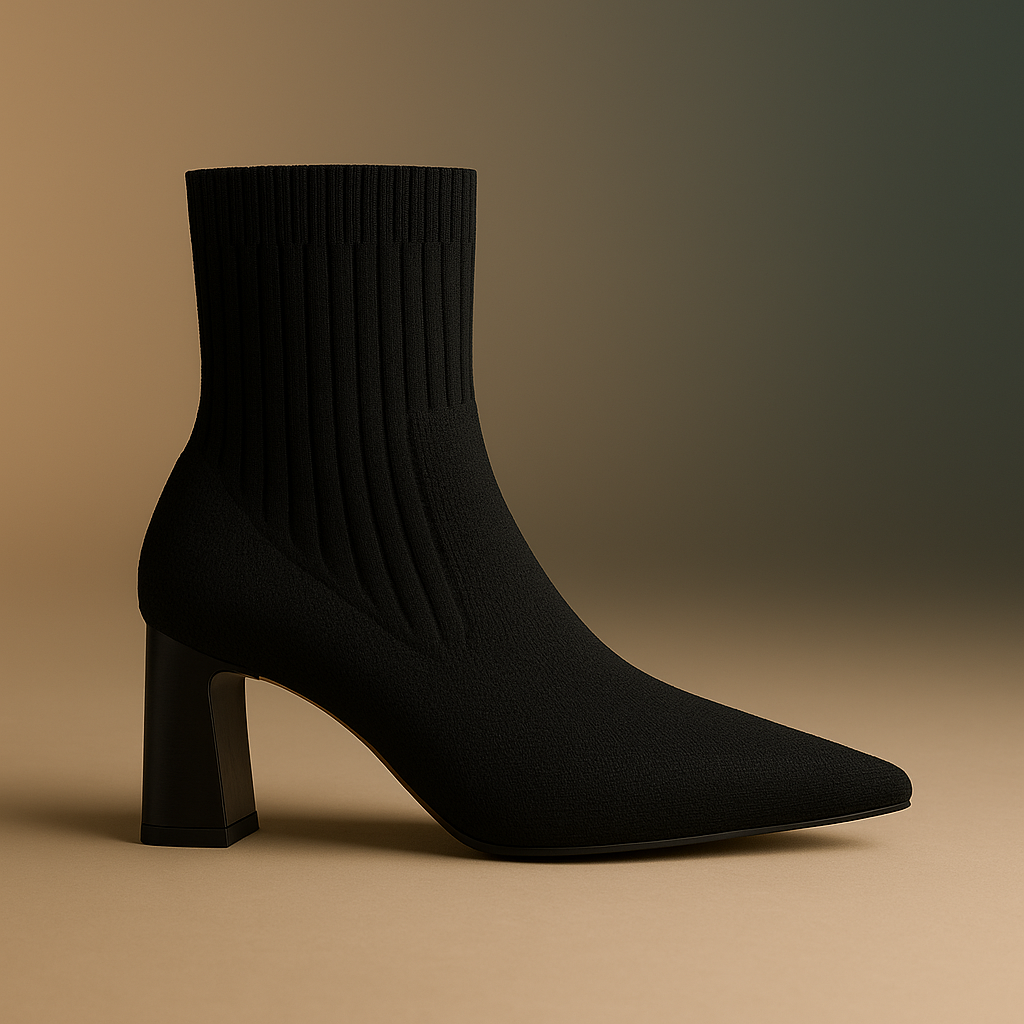 Botines Calcetín Negros de Tejido Elástico – Tacón Bloque y Punta Fina
