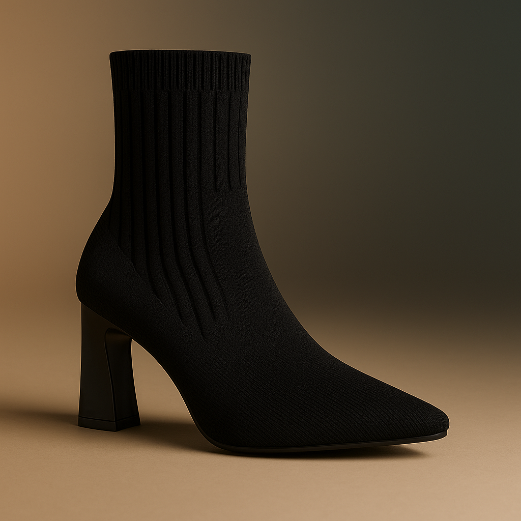 Botines Calcetín Negros de Tejido Elástico – Tacón Bloque y Punta Fina