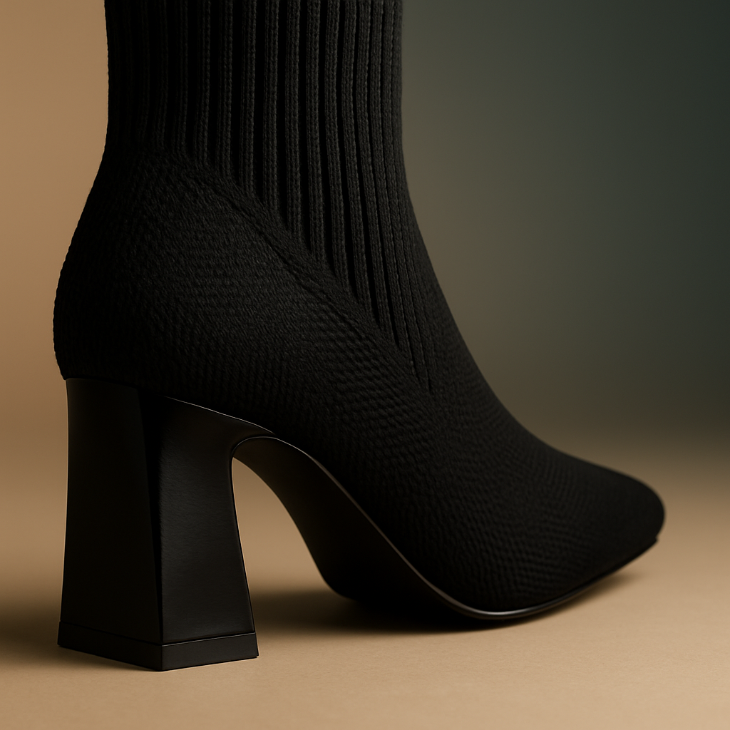 Botines Calcetín Negros de Tejido Elástico – Tacón Bloque y Punta Fina
