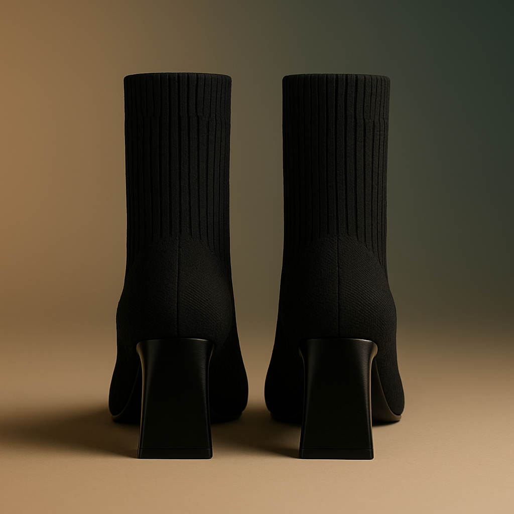 Botines Calcetín Negros de Tejido Elástico – Tacón Bloque y Punta Fina