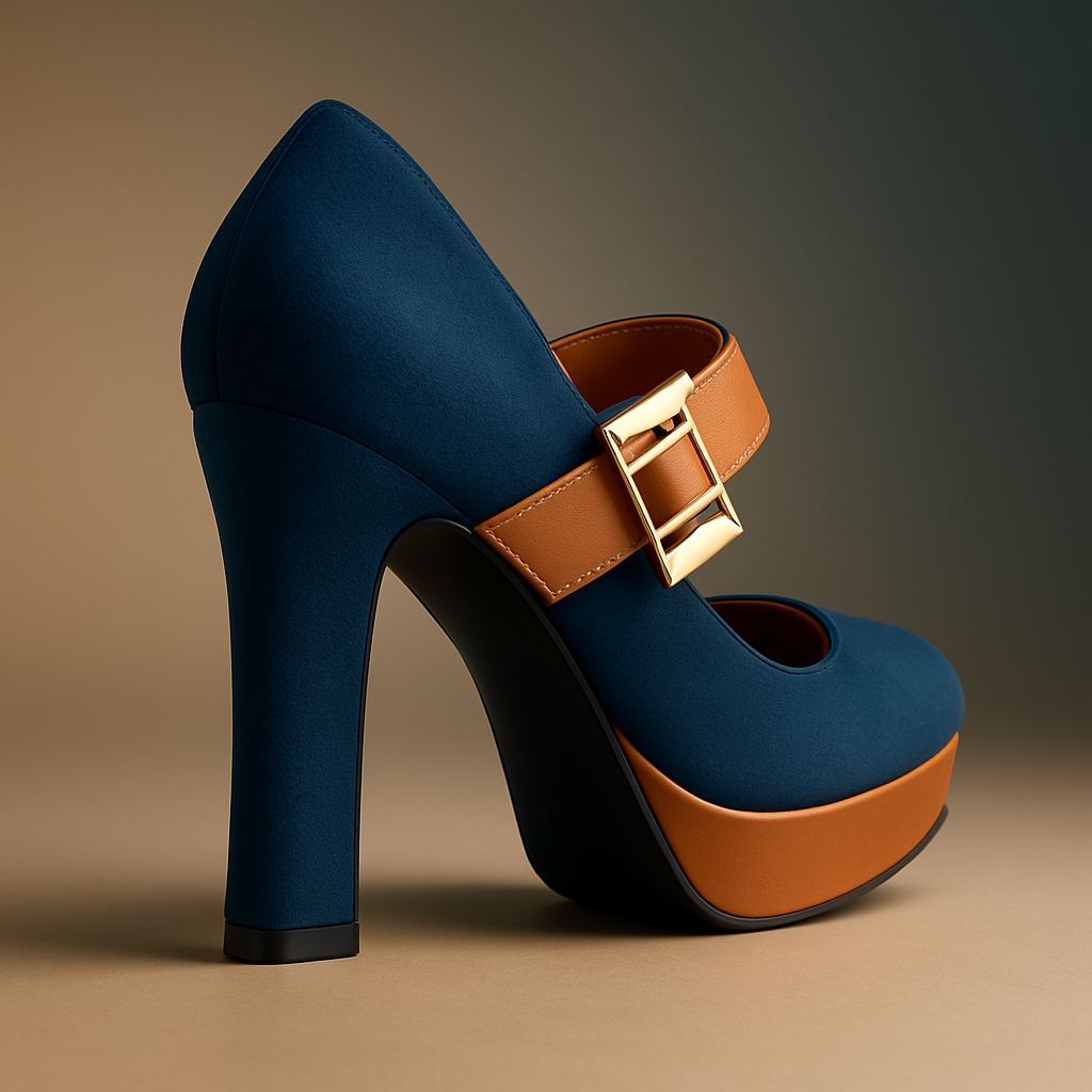 Merceditas Mary Jane Bicolores con Plataforma – Azul y Camel con Tacón Bloque