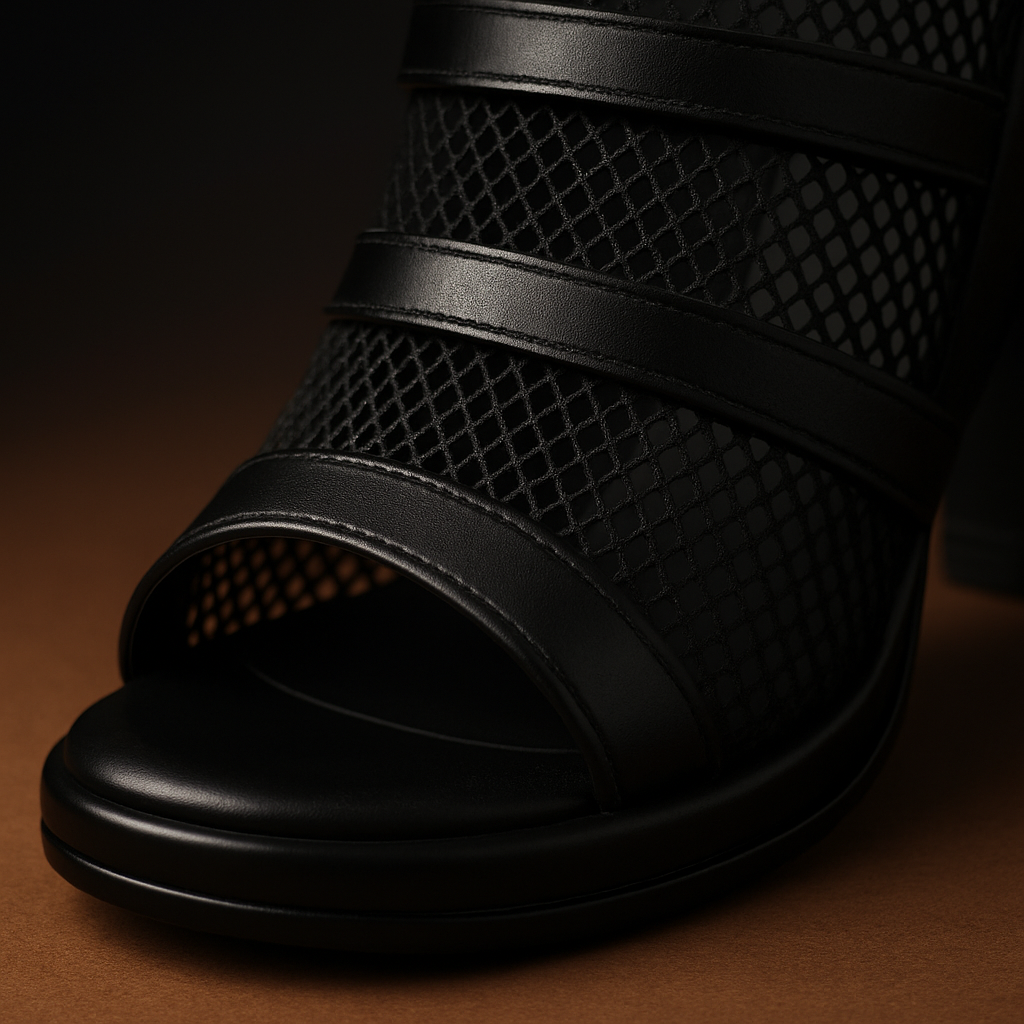 Sandalias Abotinadas Negras de Rejilla y Piel – Tacón Ancho y Punta Abierta