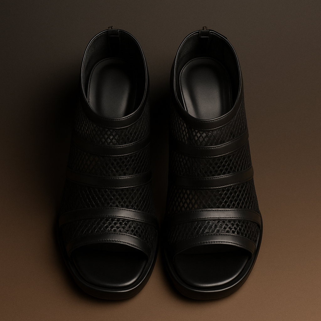 Sandalias Abotinadas Negras de Rejilla y Piel – Tacón Ancho y Punta Abierta