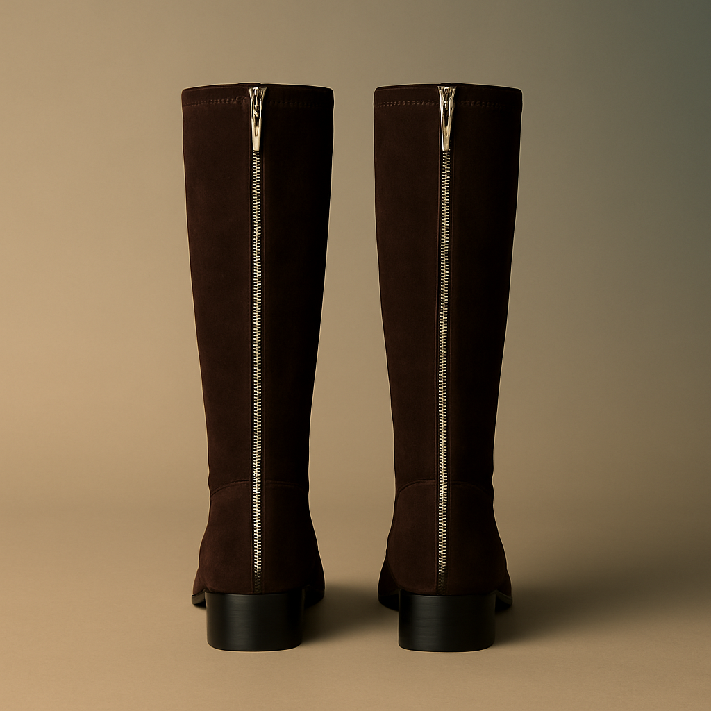 Botas Altas de Ante Marrón Chocolate – Cremallera Trasera y Tacón Bajo