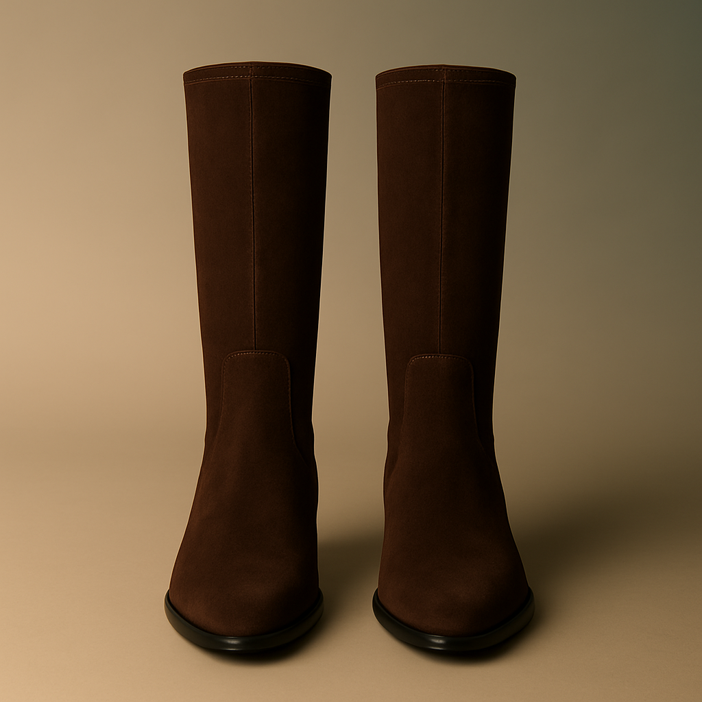 Botas Altas de Ante Marrón Chocolate – Cremallera Trasera y Tacón Bajo