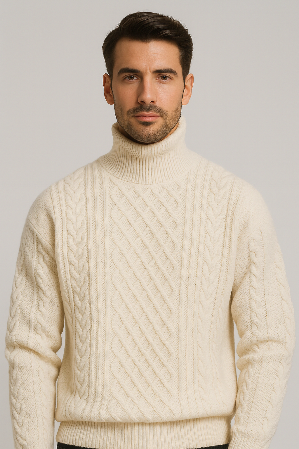 Jersey de cuello alto de punto trenzado para hombre – calidez clásica y diseño estructurado