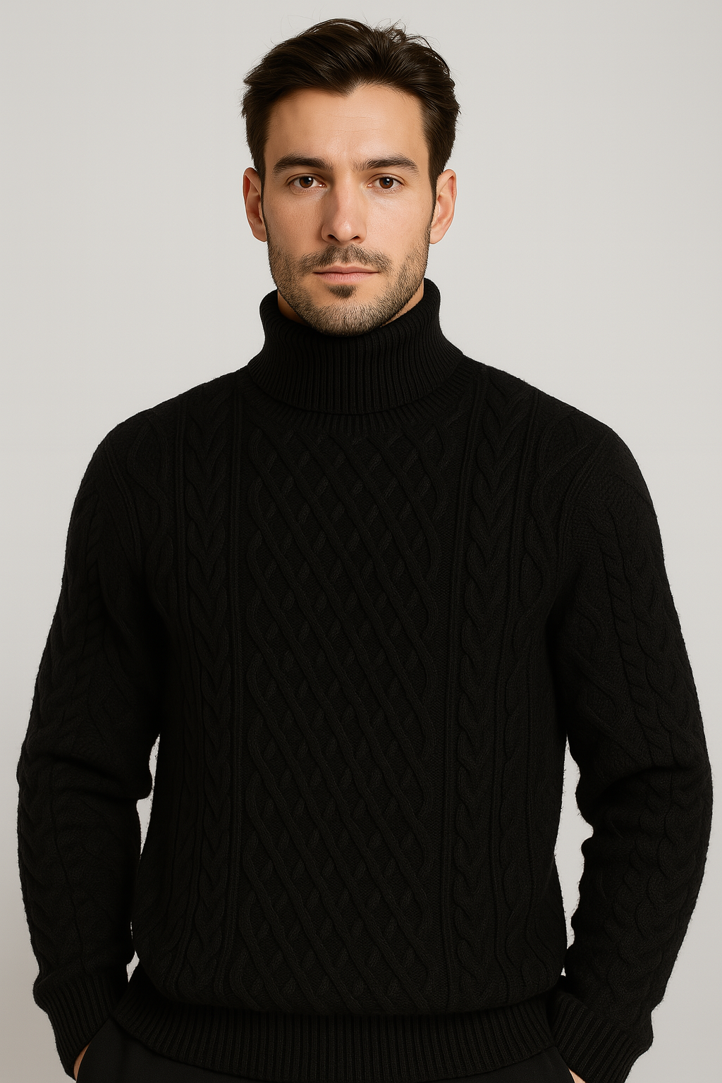 Jersey de cuello alto de punto trenzado para hombre – calidez clásica y diseño estructurado