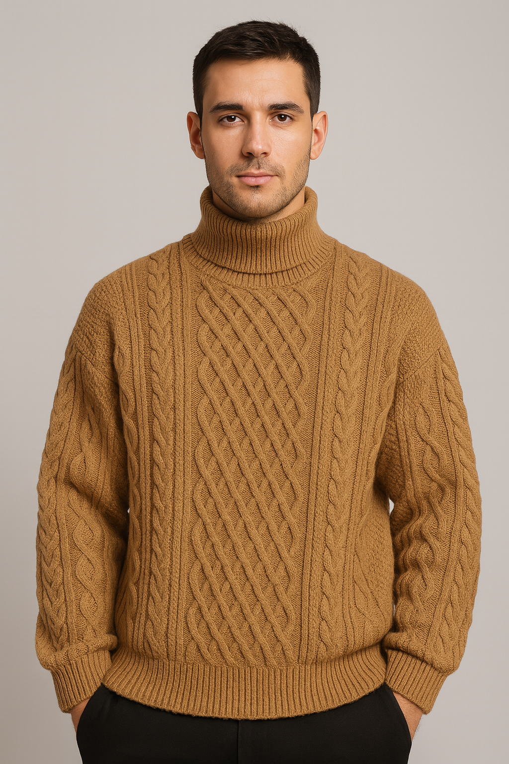 Jersey de cuello alto de punto trenzado para hombre – calidez clásica y diseño estructurado