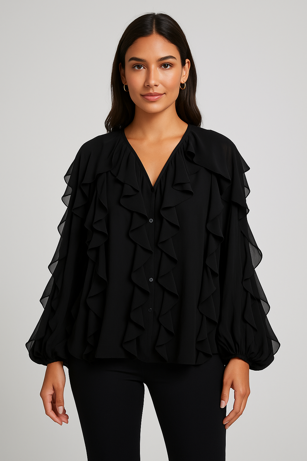 Blusa elegante de gasa con volantes y mangas abullonadas – feminidad y sofisticación