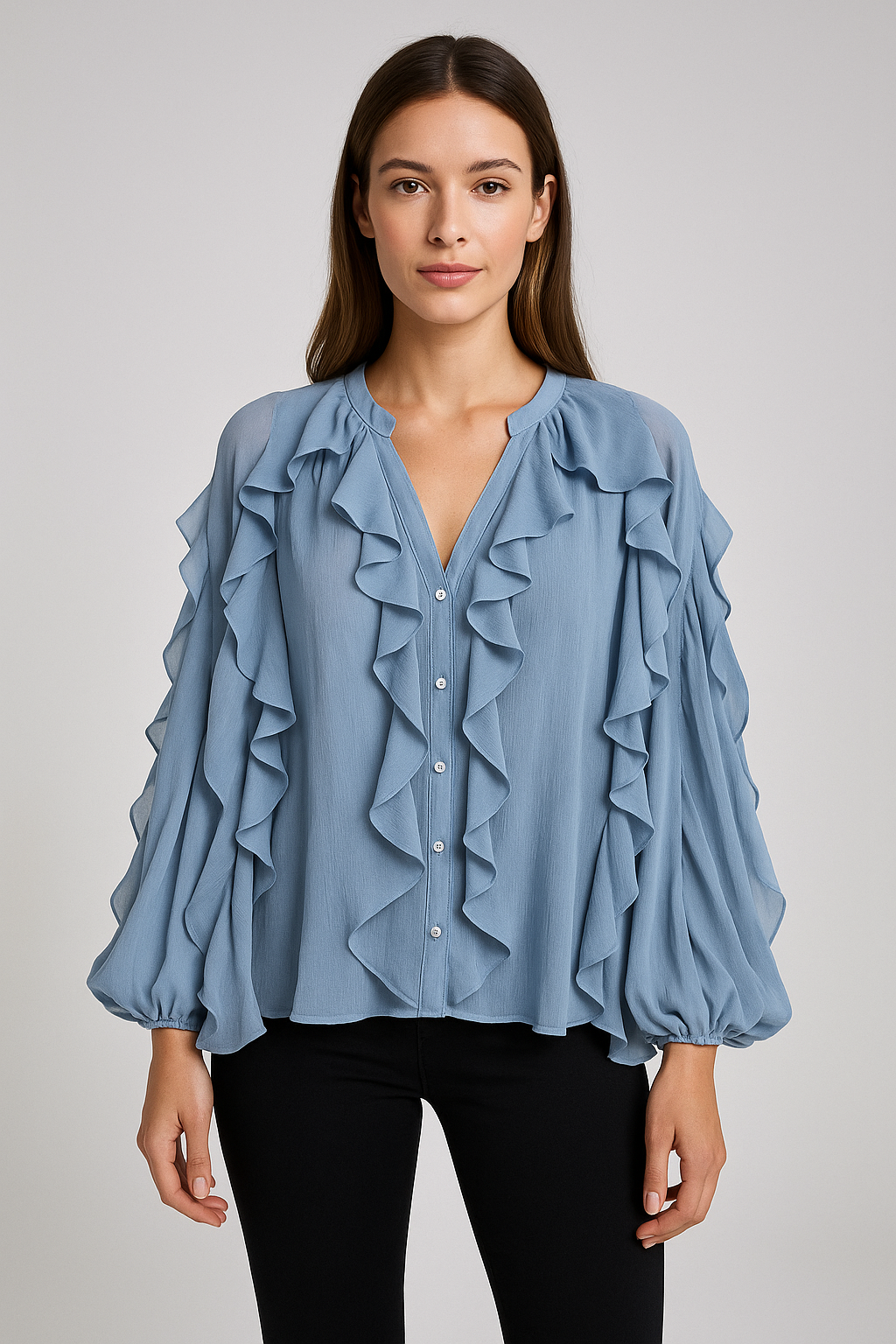 Blusa elegante de gasa con volantes y mangas abullonadas – feminidad y sofisticación
