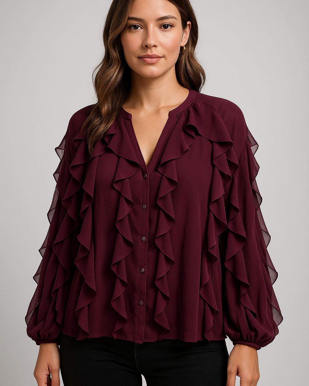 Elegant chiffonbluse med flæser og voluminøse ærmer