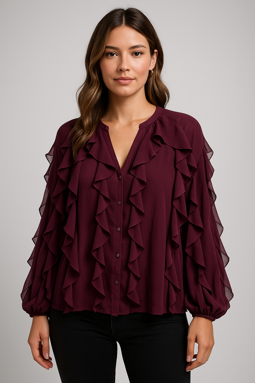 Blusa elegante de gasa con volantes y mangas abullonadas – feminidad y sofisticación