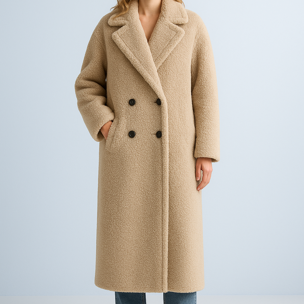 Abrigo teddy largo para mujer – elegancia invernal en diseño de peluche suave
