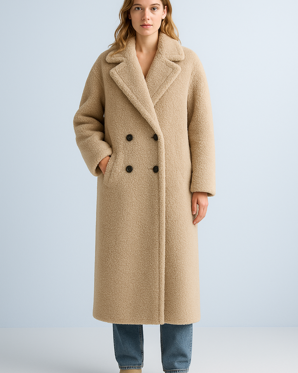Abrigo teddy largo para mujer – elegancia invernal en diseño de peluche suave