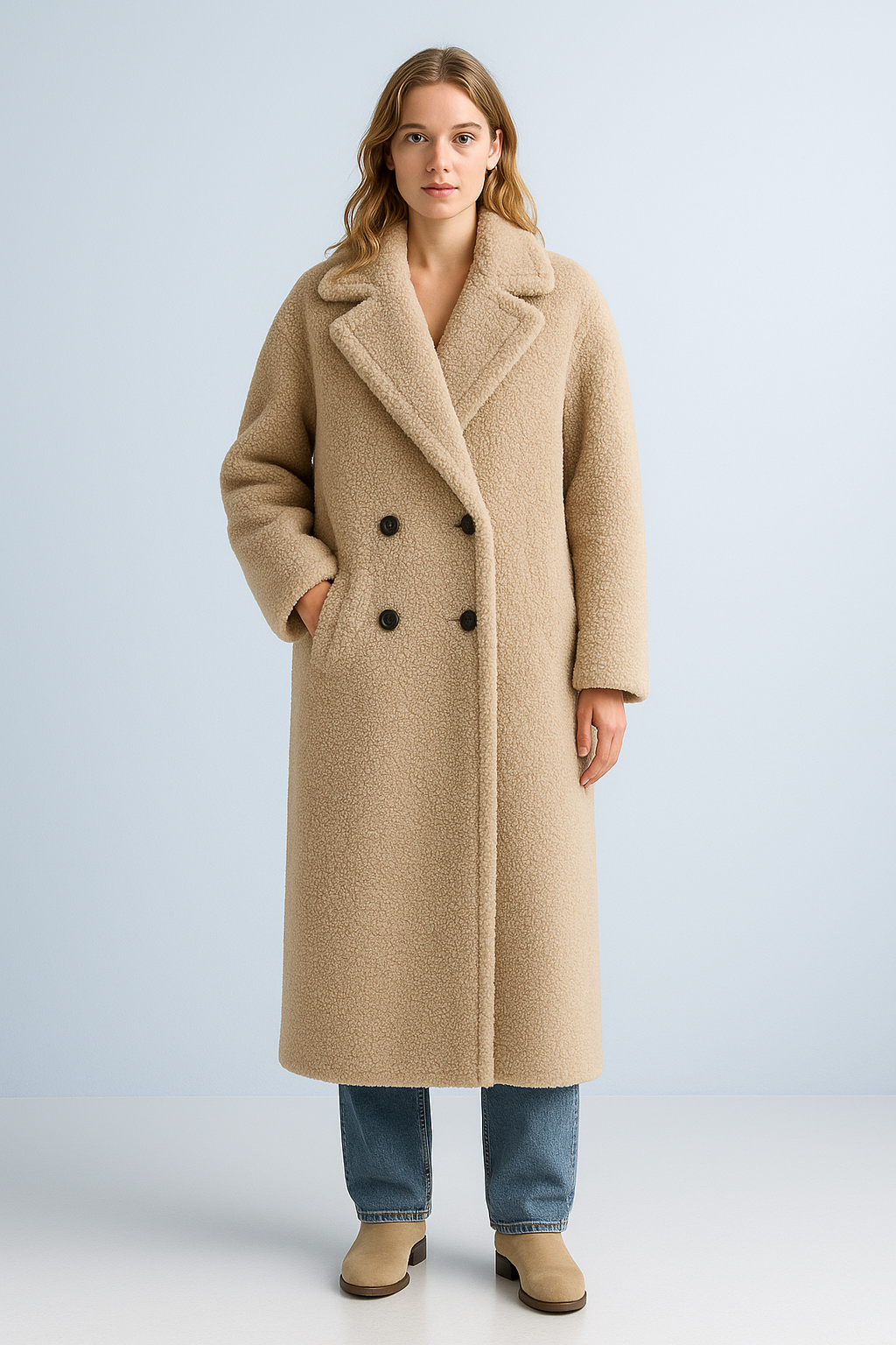 Abrigo teddy largo para mujer – elegancia invernal en diseño de peluche suave