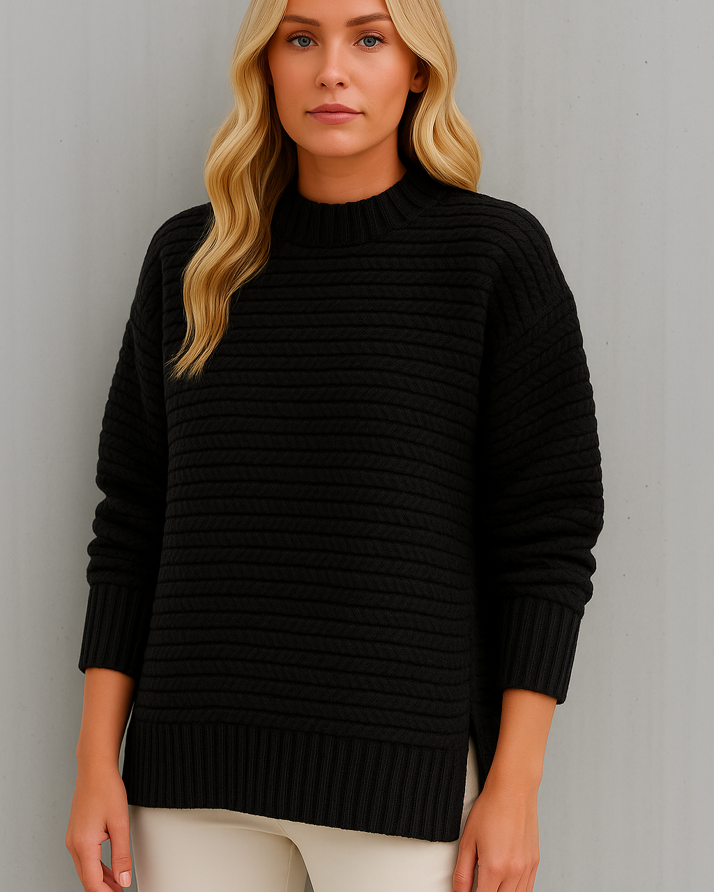 Strikket sweater med halvhøj hals til kvinder – moderne efterårslook med sideslidser