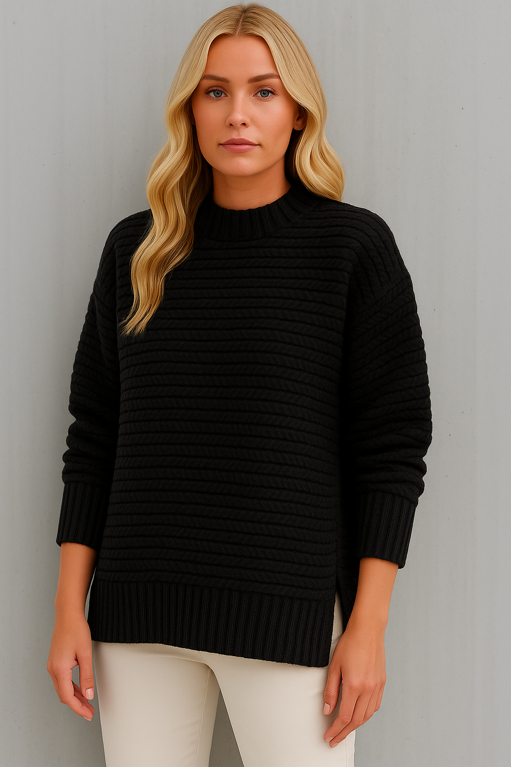 Strikket sweater med halvhøj hals til kvinder – moderne efterårslook med sideslidser