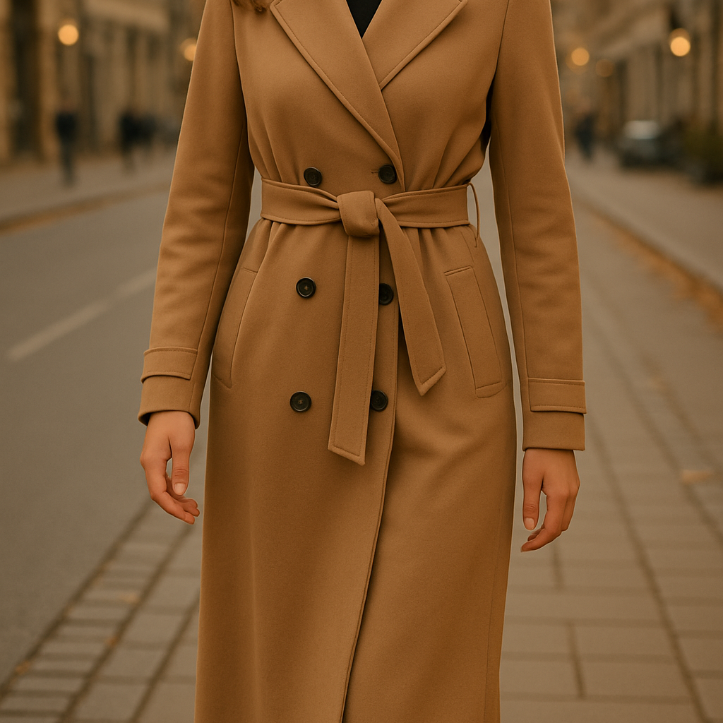 Trench camel larga para mujer – elegancia atemporal con cinturón
