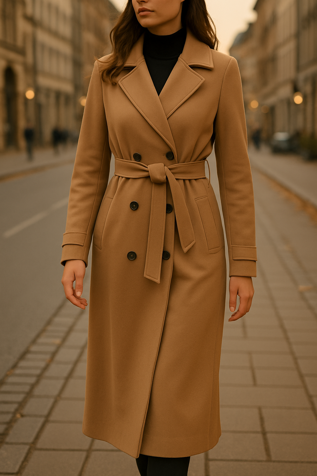 Trench camel larga para mujer – elegancia atemporal con cinturón