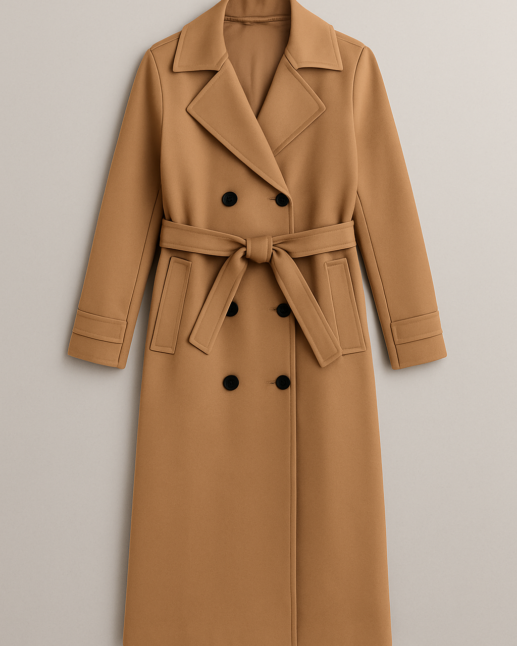Trench camel larga para mujer – elegancia atemporal con cinturón