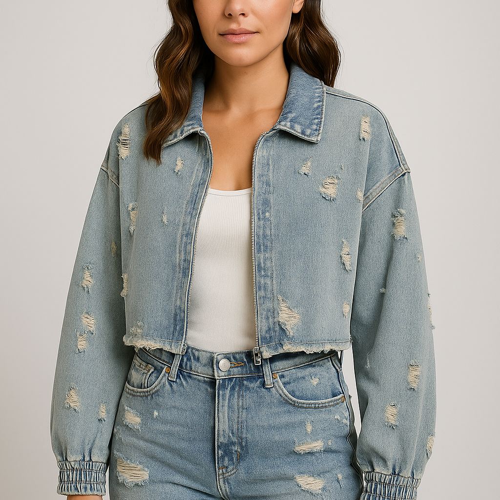 Cropped denimjakke til damer – lyseblå med vintage-look