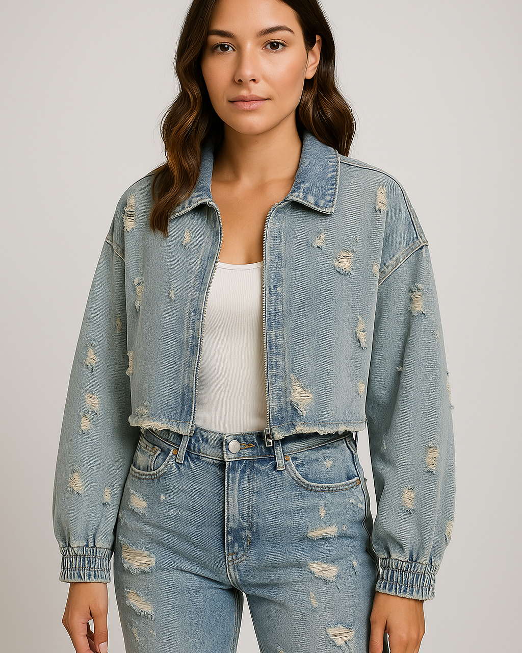 Cropped denimjakke til damer – lyseblå med vintage-look