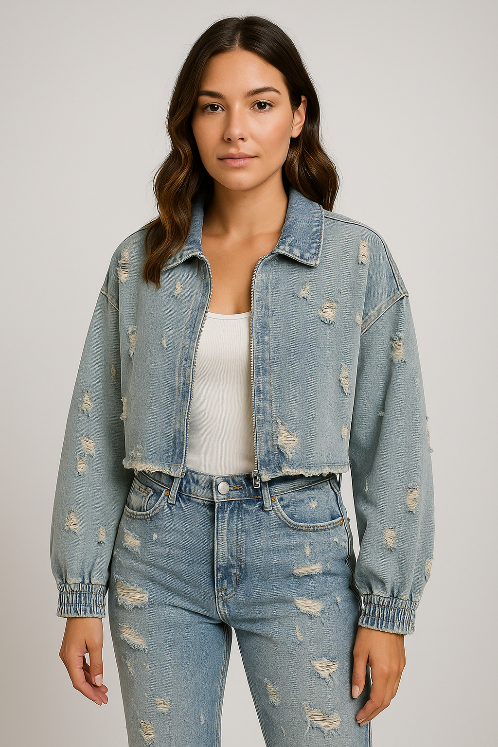 Cropped denimjakke til damer – lyseblå med vintage-look