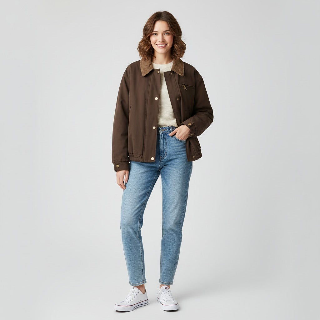 Cazadora Bomber Mujer Oversize – Cuello de Pana y Algodón Premium