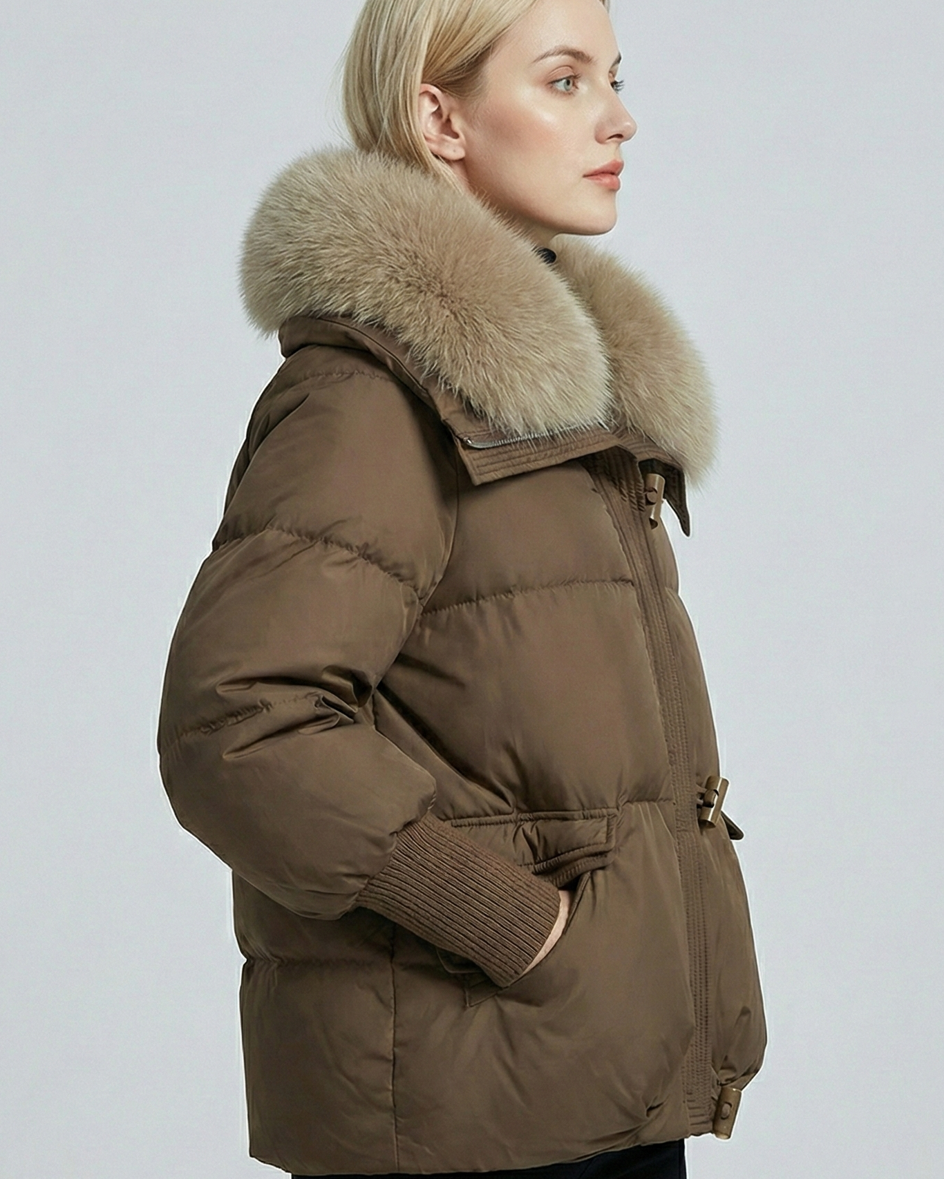 Chaqueta Acolchada Corta con Cuello de Piel y Botones "Toggle" – Elegancia Invernal