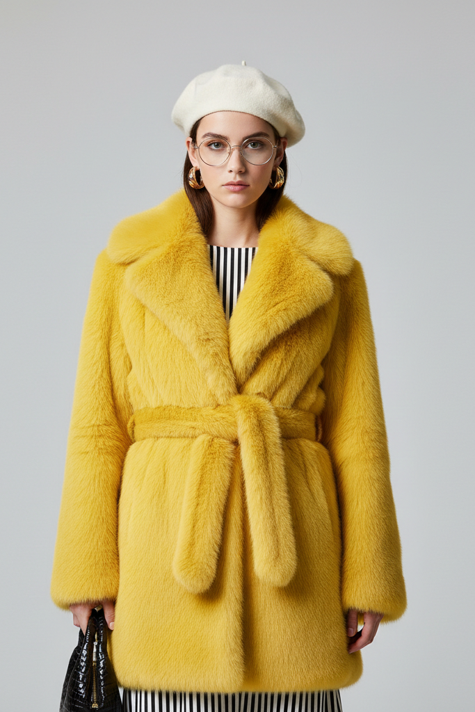 Abrigo Largo de Pelo Sintético con Cinturón y Solapas