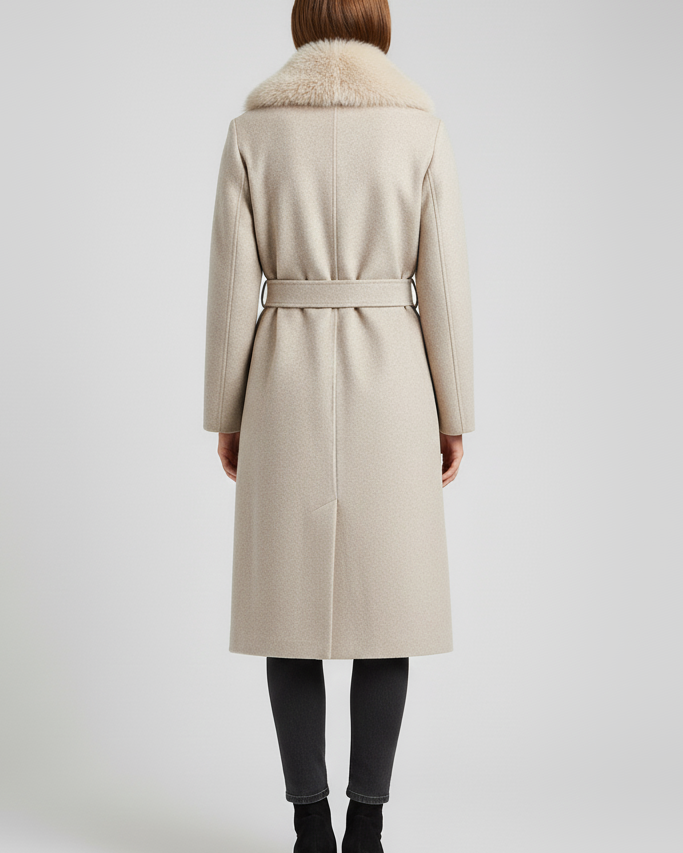 Abrigo Largo Elegante con Efecto Lana y Cuello de Piel Sintética - Beige