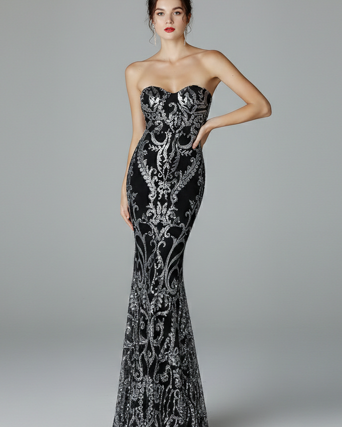 Vestido Largo de Gala con Lentejuelas – Escote Corazón y Corte Sirena