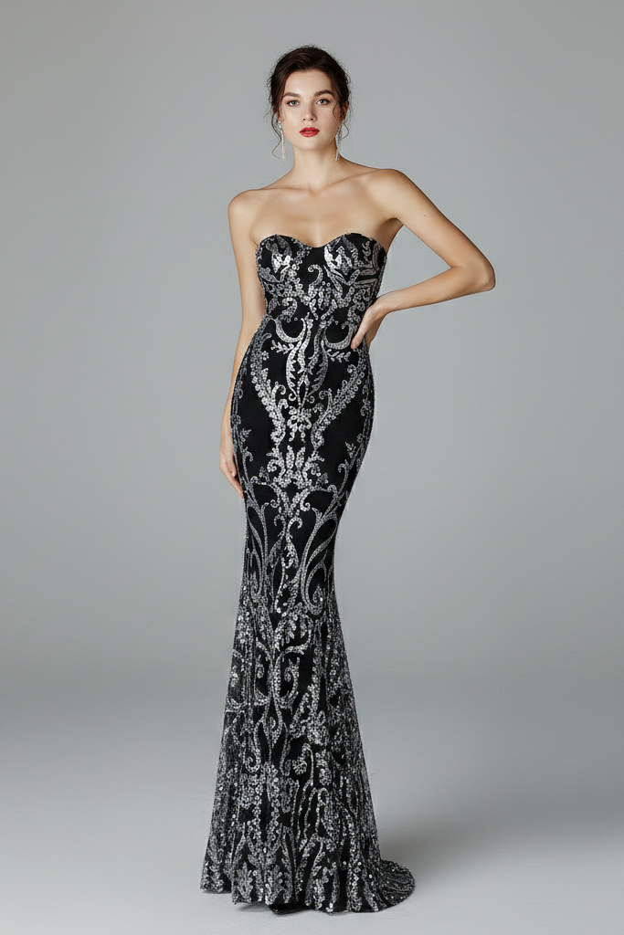 Vestido Largo de Gala con Lentejuelas – Escote Corazón y Corte Sirena