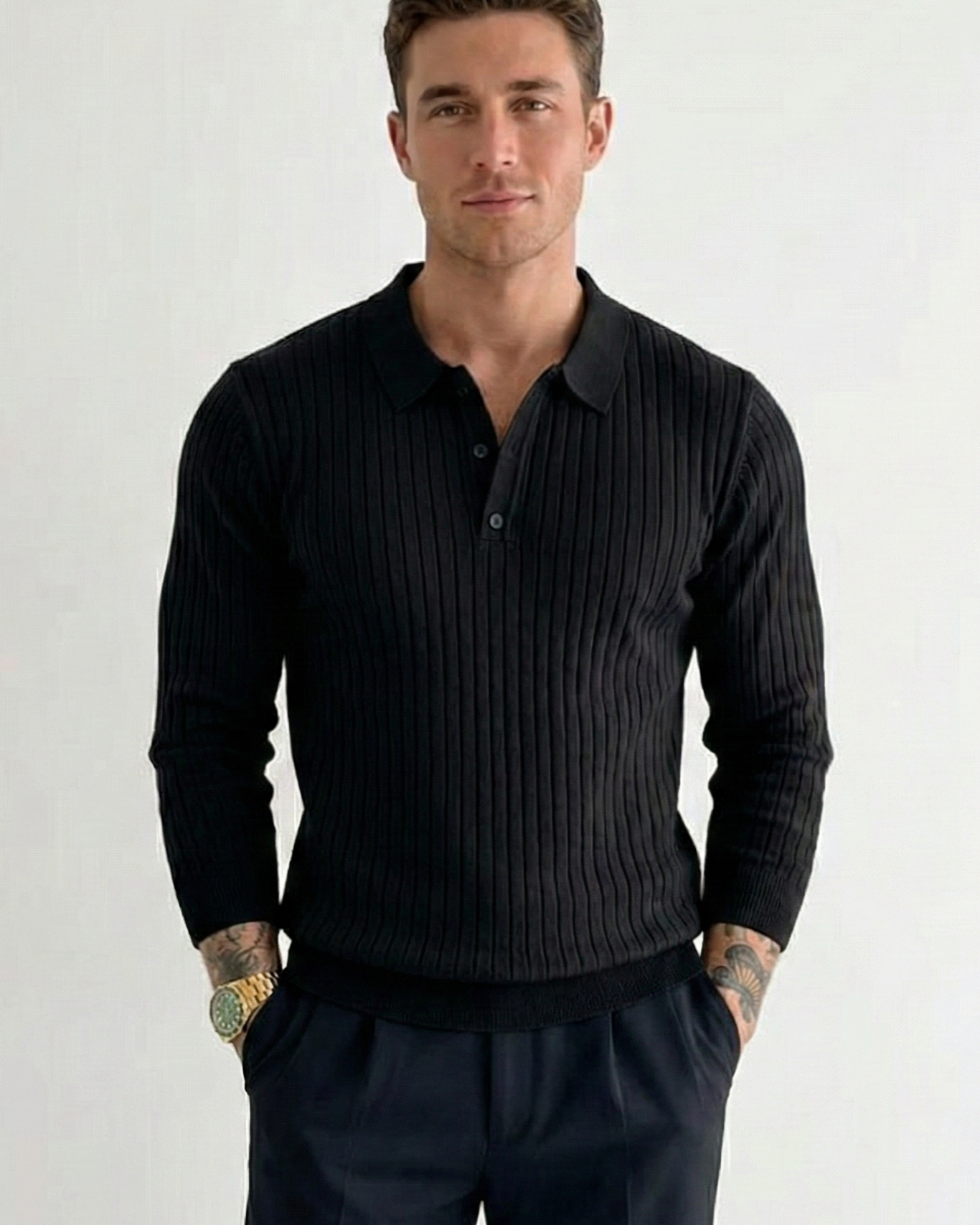 Polo de Punto de Manga Larga – Jersey Acanalado Estilo "Old Money"