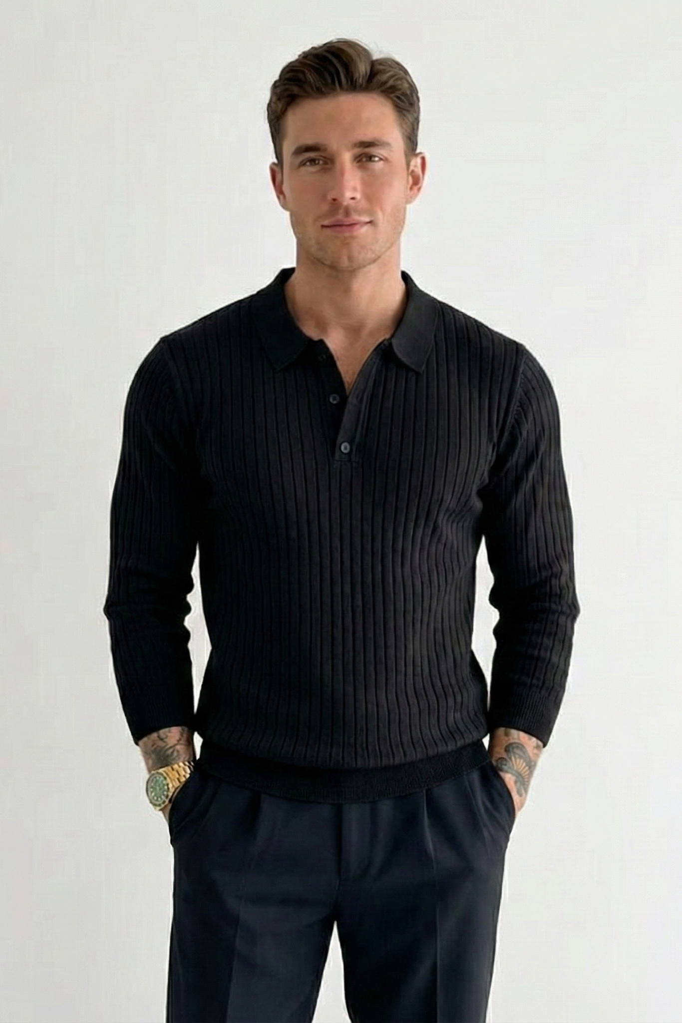 Polo de Punto de Manga Larga – Jersey Acanalado Estilo "Old Money"