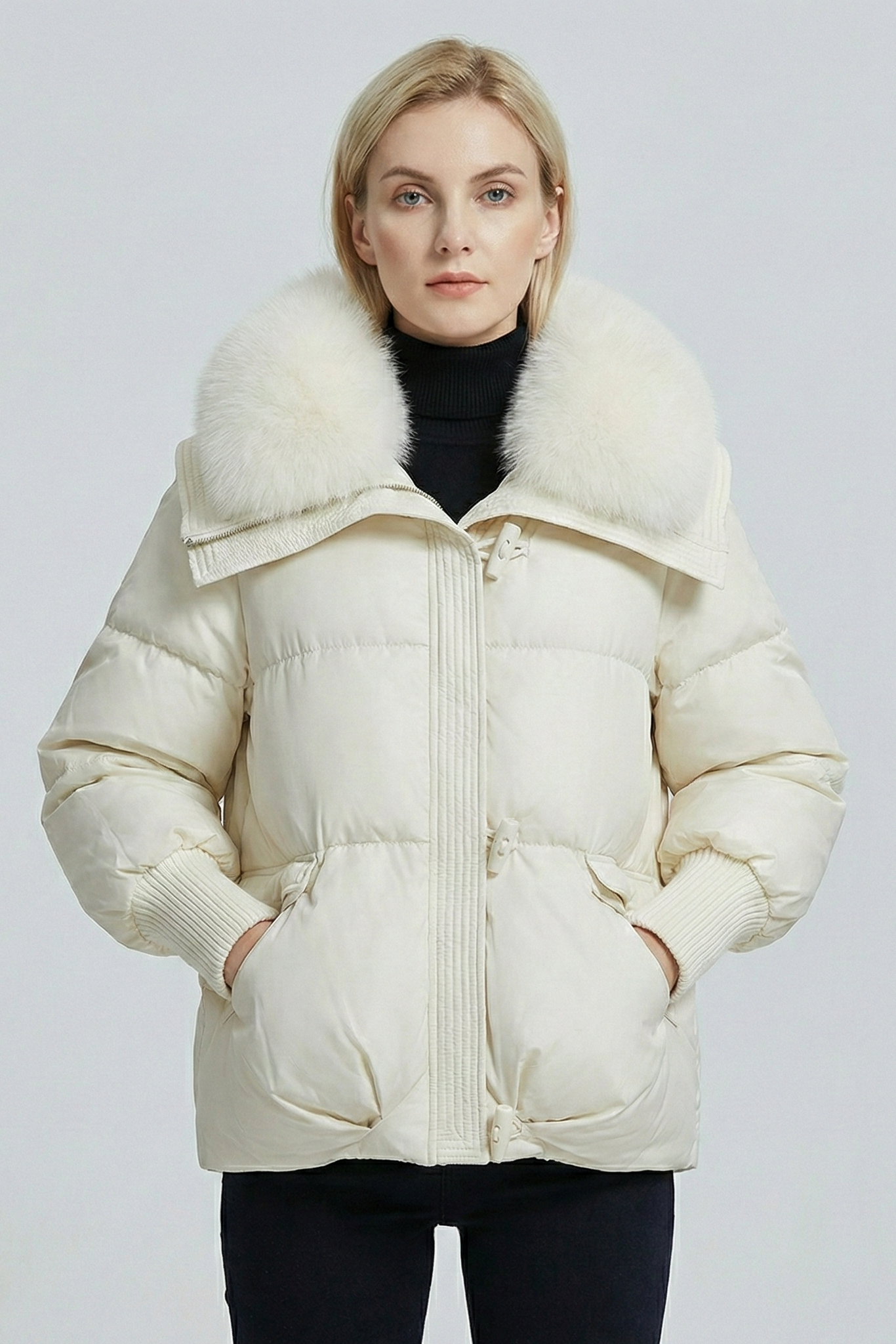 Chaqueta Acolchada Corta con Cuello de Piel y Botones "Toggle" – Elegancia Invernal