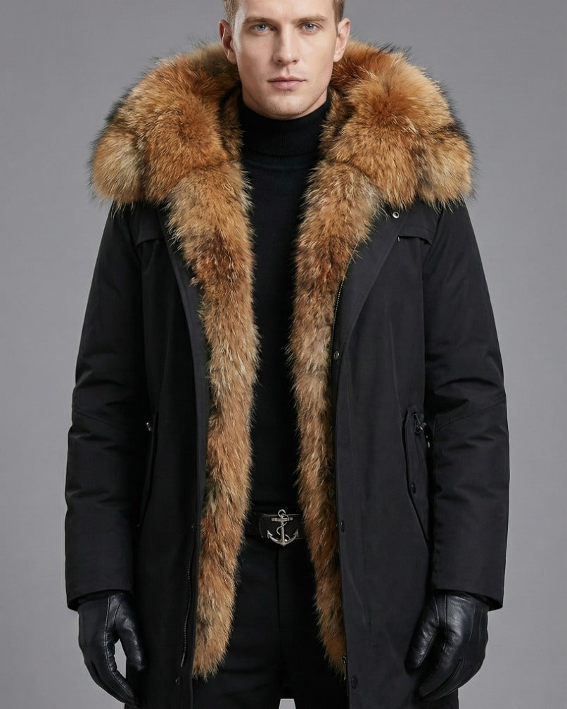 Parka Hombre Invierno Premium - Abrigo Negro con Gran Capucha y Cuello de Piel