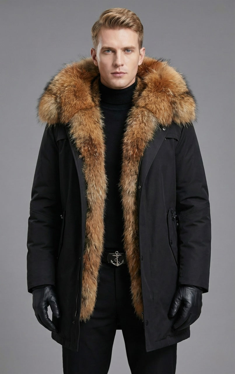 Parka Hombre Invierno Premium - Abrigo Negro con Gran Capucha y Cuello de Piel