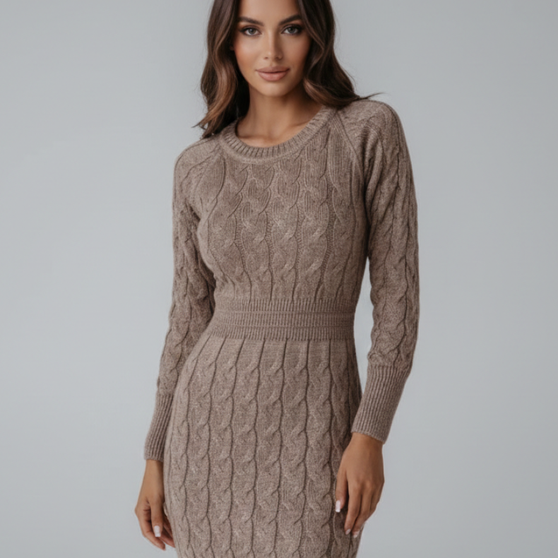 Vestido de Punto Ajustado con Trenzas – Cuello Redondo y Cintura Entallada