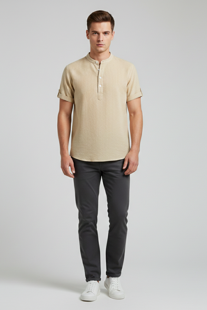 Camisa Henley de Rayas con Cuello Mao – Estilo Resort Lino