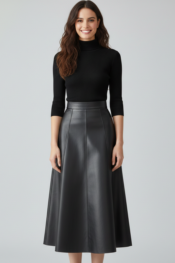 Falda Midi Efecto Piel de Cintura Alta – Corte Evasé Elegante